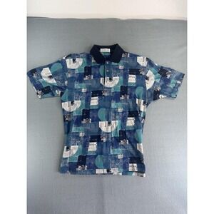 Vintage Tuttle Golf Polo Shirt Mens L Blue Geometric Hong Kong Cotton Golf